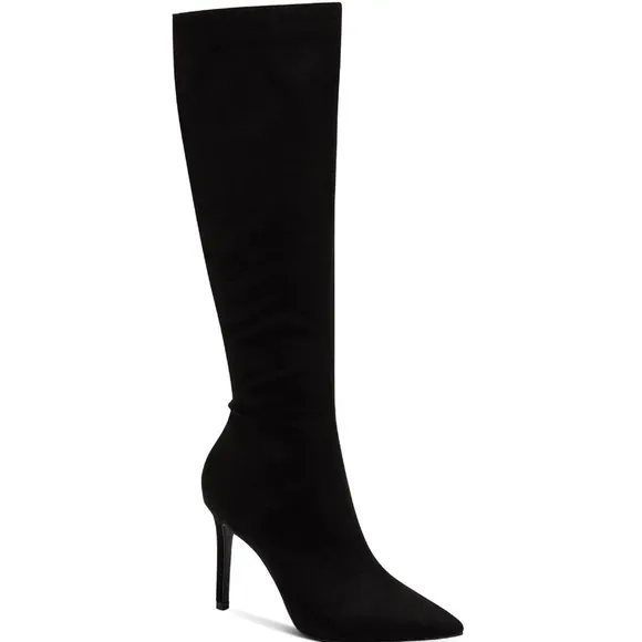 INC Rajelf Knee-High Boots Black Suede Pointed Toe Stiletto Heel Boots 8.5