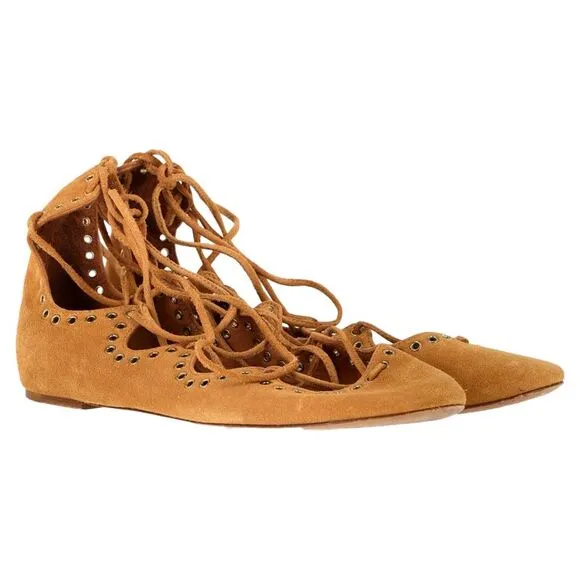 Isabel Marant Leo Eyelet Flats in Brown Suede