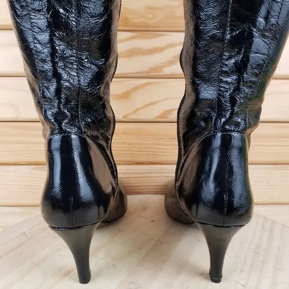 Isola Black Leather Side Zip Stiletto Heeled Tall Knee Boots Almond Toe Size 8.5