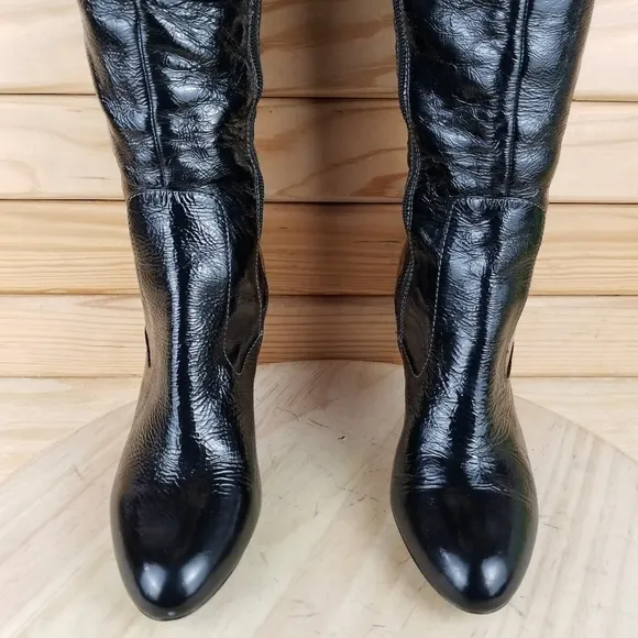 Isola Black Leather Side Zip Stiletto Heeled Tall Knee Boots Almond Toe Size 8.5