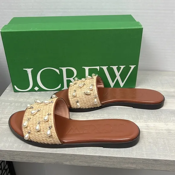 J. Crew BX906 Georgina woven faux-raffia sandals with pearls Slides Size 8M NIB