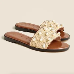 J. Crew BX906 Georgina woven faux-raffia sandals with pearls Slides Size 8M NIB