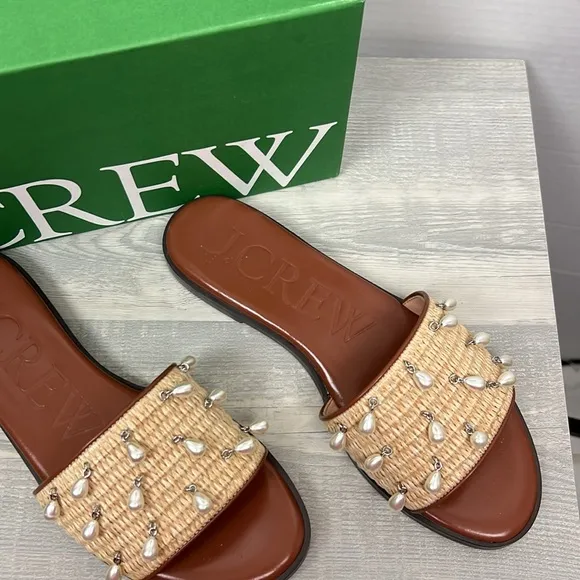 J. Crew BX906 Georgina woven faux-raffia sandals with pearls Slides Size 8M NIB