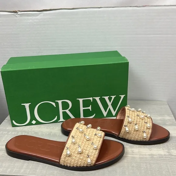 J. Crew BX906 Georgina woven faux-raffia sandals with pearls Slides Size 8M NIB