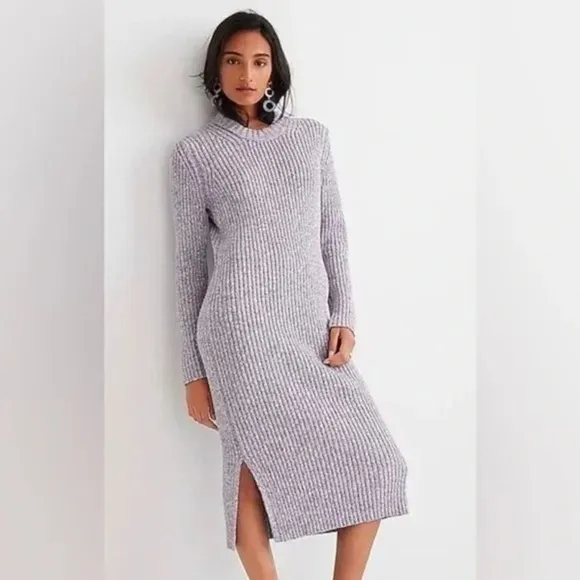 J Crew Elegant Lilac Heather RIbbed Knit Thick Long Sweater Dress Size Medium