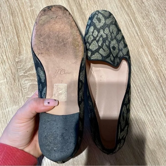 J. Crew Gold Metallic Leopard Loafers Canvas Leather Sole Round Toe