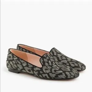 J. Crew Gold Metallic Leopard Loafers Canvas Leather Sole Round Toe