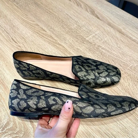 J. Crew Gold Metallic Leopard Loafers Canvas Leather Sole Round Toe