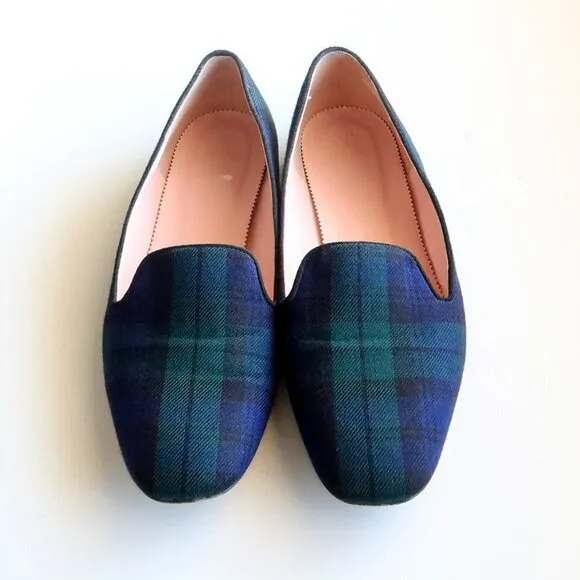 J. Crew Navy Blue &amp; Green Plaid / Tartan Loafers / Flats / Preppy Slip-on Shoes