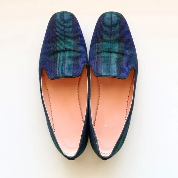 J. Crew Navy Blue &amp; Green Plaid / Tartan Loafers / Flats / Preppy Slip-on Shoes