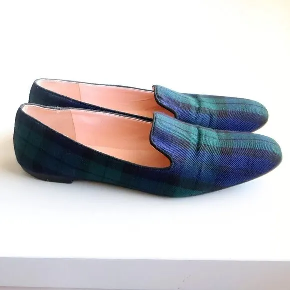 J. Crew Navy Blue &amp; Green Plaid / Tartan Loafers / Flats / Preppy Slip-on Shoes