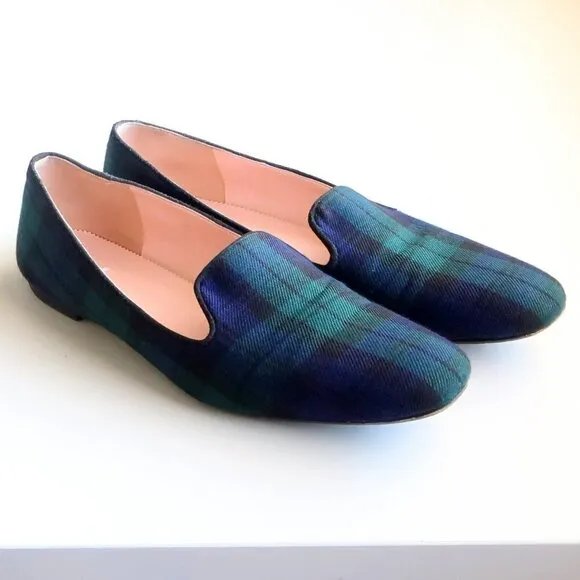 J. Crew Navy Blue &amp; Green Plaid / Tartan Loafers / Flats / Preppy Slip-on Shoes