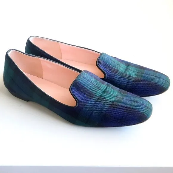 J. Crew Navy Blue &amp; Green Plaid / Tartan Loafers / Flats / Preppy Slip-on Shoes