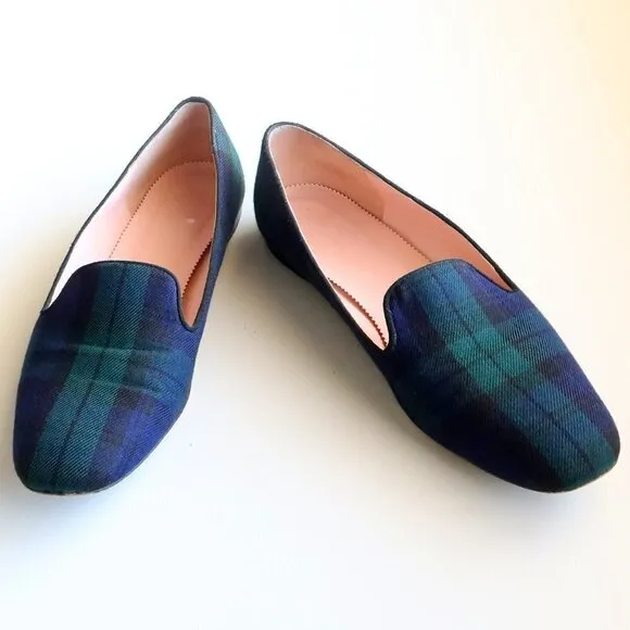 J. Crew Navy Blue &amp; Green Plaid / Tartan Loafers / Flats / Preppy Slip-on Shoes
