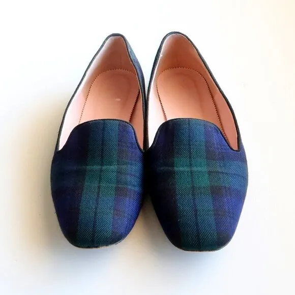 J. Crew Navy Blue &amp; Green Plaid / Tartan Loafers / Flats / Preppy Slip-on Shoes