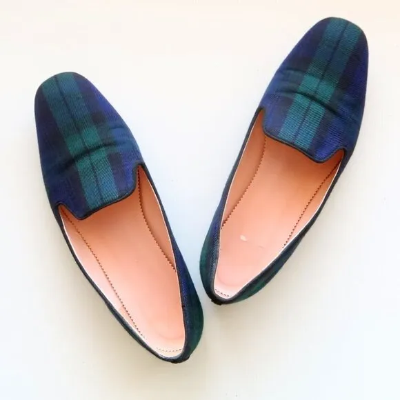J. Crew Navy Blue &amp; Green Plaid / Tartan Loafers / Flats / Preppy Slip-on Shoes