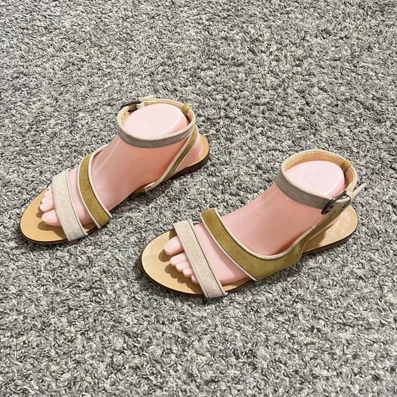 J Crew Size 7 Ankle Strap Sandals Suede Yellow Tan Color Flats Summer Italy New