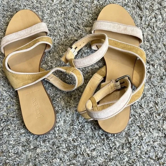J Crew Size 7 Ankle Strap Sandals Suede Yellow Tan Color Flats Summer Italy New