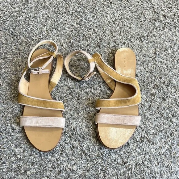 J Crew Size 7 Ankle Strap Sandals Suede Yellow Tan Color Flats Summer Italy New