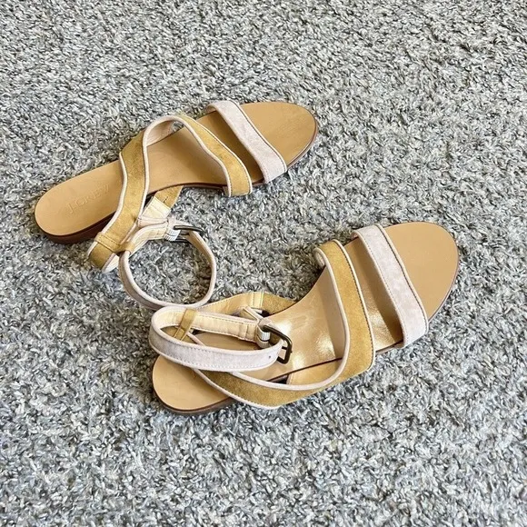 J Crew Size 7 Ankle Strap Sandals Suede Yellow Tan Color Flats Summer Italy New