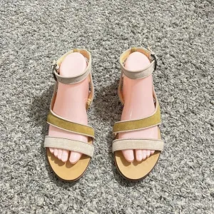 J Crew Size 7 Ankle Strap Sandals Suede Yellow Tan Color Flats Summer Italy New