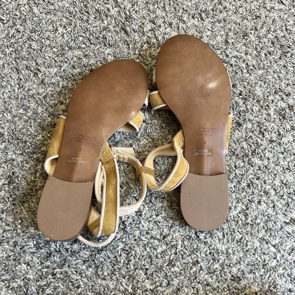 J Crew Size 7 Ankle Strap Sandals Suede Yellow Tan Color Flats Summer Italy New