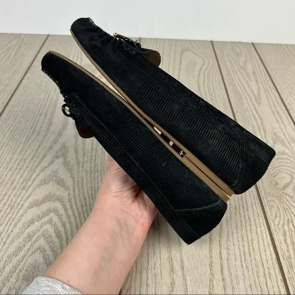 Jack Rogers Millie Bow Moccasin Flats 9B Black Corduroy Suede $128 in box