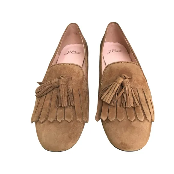 J.Crew New In Box Kid Suede Carmel Tassel Fringe Slip On Flats. Size 6.5