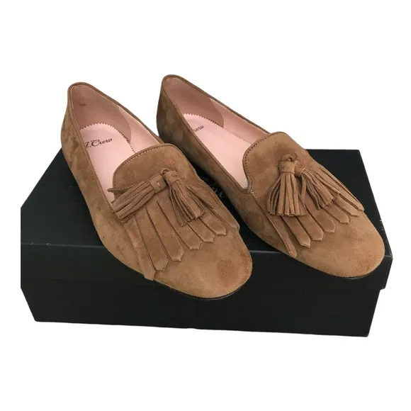 J.Crew New In Box Kid Suede Carmel Tassel Fringe Slip On Flats. Size 6.5