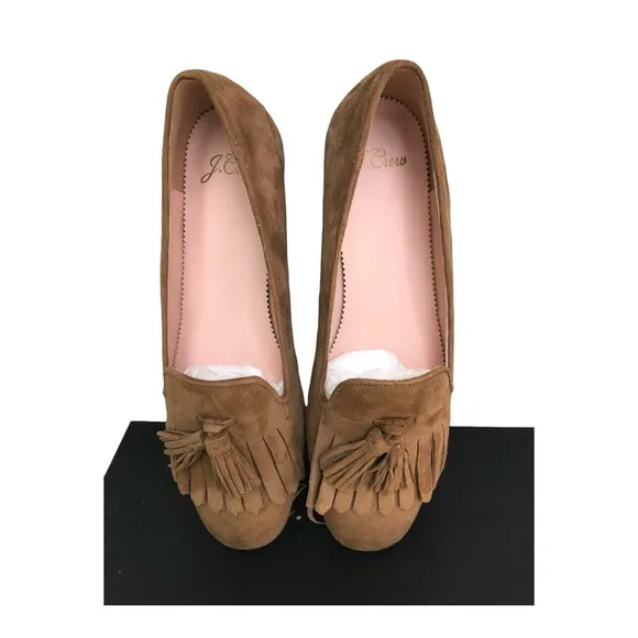 J.Crew New In Box Kid Suede Carmel Tassel Fringe Slip On Flats. Size 6.5