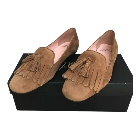 J.Crew New In Box Kid Suede Carmel Tassel Fringe Slip On Flats. Size 6.5
