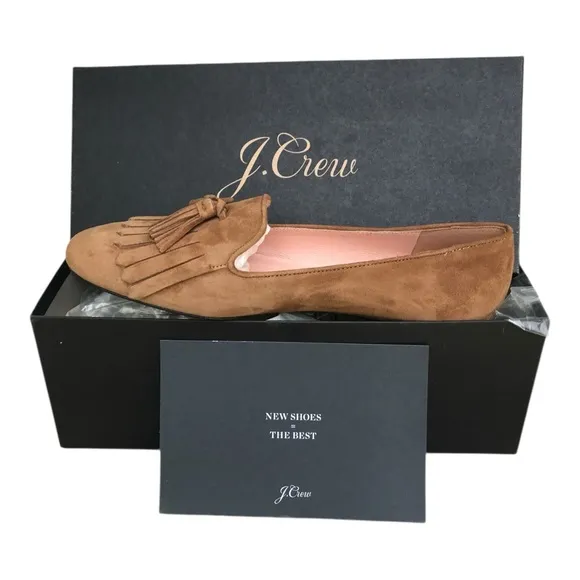 J.Crew New In Box Kid Suede Carmel Tassel Fringe Slip On Flats. Size 6.5