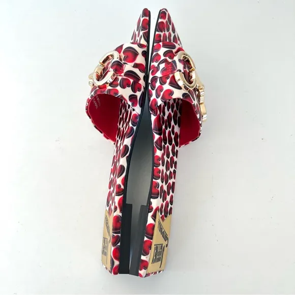 JEFFREY CAMPBELL Chantria Red Hearts Gold Buckle Flats Slides Sandals Sz 8 NWOB