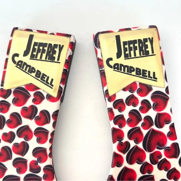 JEFFREY CAMPBELL Chantria Red Hearts Gold Buckle Flats Slides Sandals Sz 8 NWOB