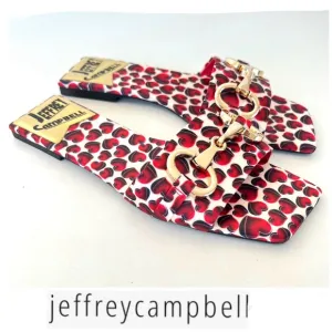 JEFFREY CAMPBELL Chantria Red Hearts Gold Buckle Flats Slides Sandals Sz 8 NWOB