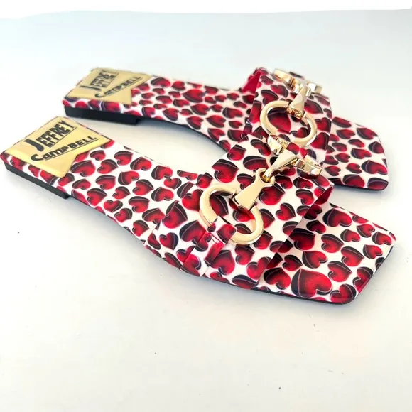 JEFFREY CAMPBELL Chantria Red Hearts Gold Buckle Flats Slides Sandals Sz 8 NWOB