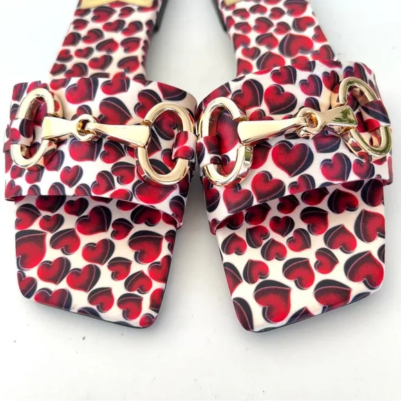 JEFFREY CAMPBELL Chantria Red Hearts Gold Buckle Flats Slides Sandals Sz 8 NWOB