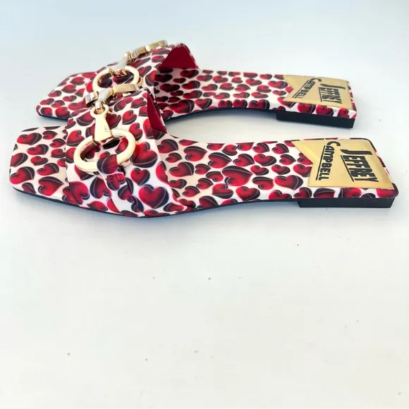 JEFFREY CAMPBELL Chantria Red Hearts Gold Buckle Flats Slides Sandals Sz 8 NWOB