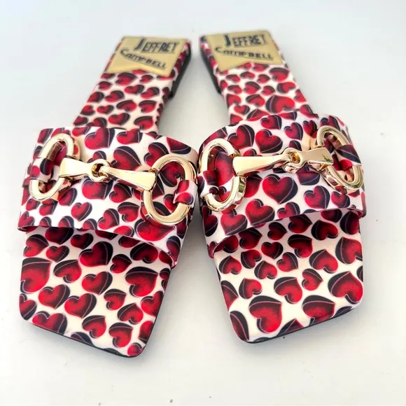 JEFFREY CAMPBELL Chantria Red Hearts Gold Buckle Flats Slides Sandals Sz 8 NWOB
