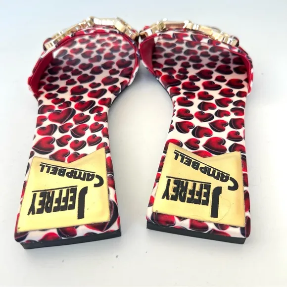 JEFFREY CAMPBELL Chantria Red Hearts Gold Buckle Flats Slides Sandals Sz 8 NWOB