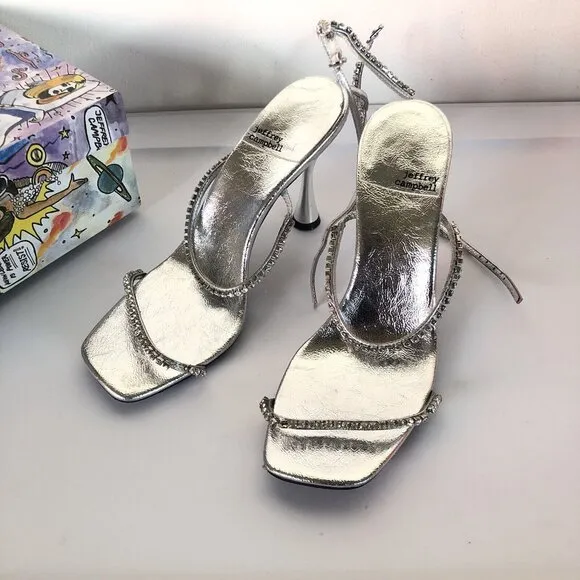 Jeffrey Campbell Demonic Sandals Silver Metallic Leather Crystal
