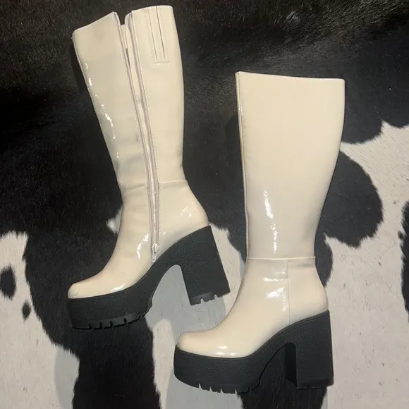 Jeffrey Campbell Refresh White Patent Leather Knee High Platform Boots size 7.5
