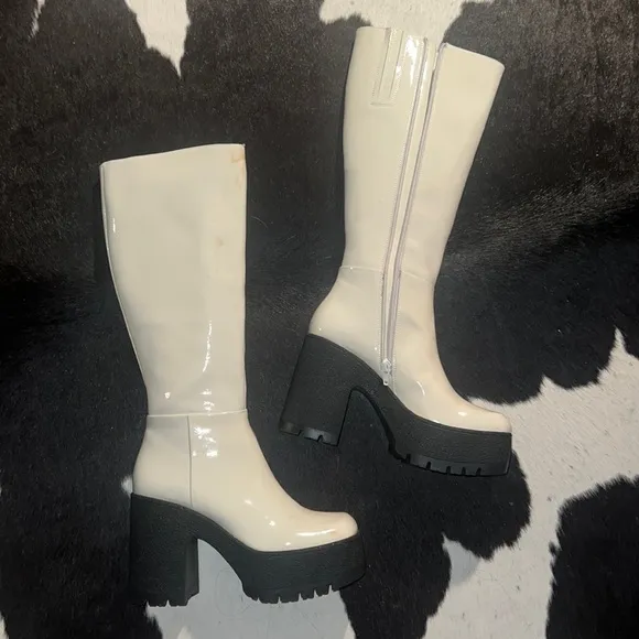 Jeffrey Campbell Refresh White Patent Leather Knee High Platform Boots size 7.5