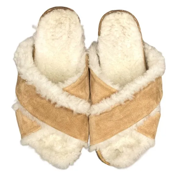 Jenni Kayne Suede Natural Beige Shearling Lined Crossover Slides - 36