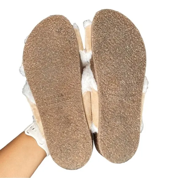 Jenni Kayne Suede Natural Beige Shearling Lined Crossover Slides - 36