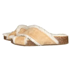 Jenni Kayne Suede Natural Beige Shearling Lined Crossover Slides - 36