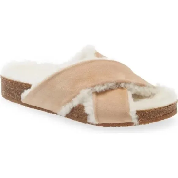 Jenni Kayne Suede Natural Beige Shearling Lined Crossover Slides - 36