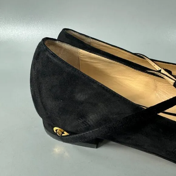 Jennifer Chamandi Black Suede with Calf-hair Lorenzo Point-toe Flats, Size 39.5