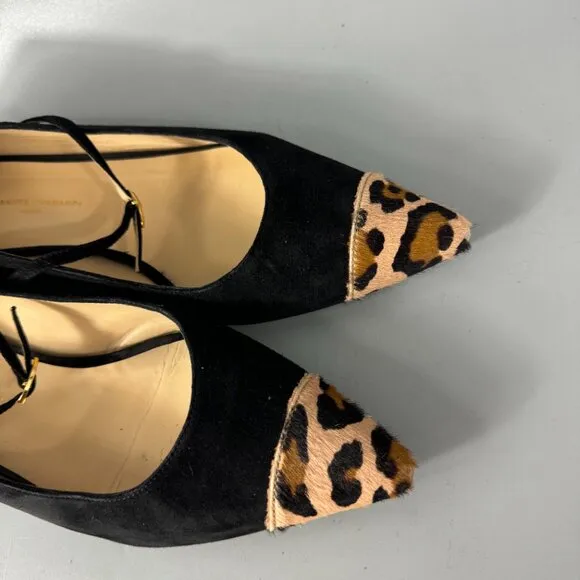 Jennifer Chamandi Black Suede with Calf-hair Lorenzo Point-toe Flats, Size 39.5