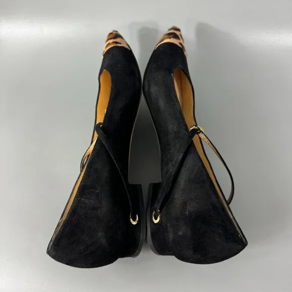 Jennifer Chamandi Black Suede with Calf-hair Lorenzo Point-toe Flats, Size 39.5